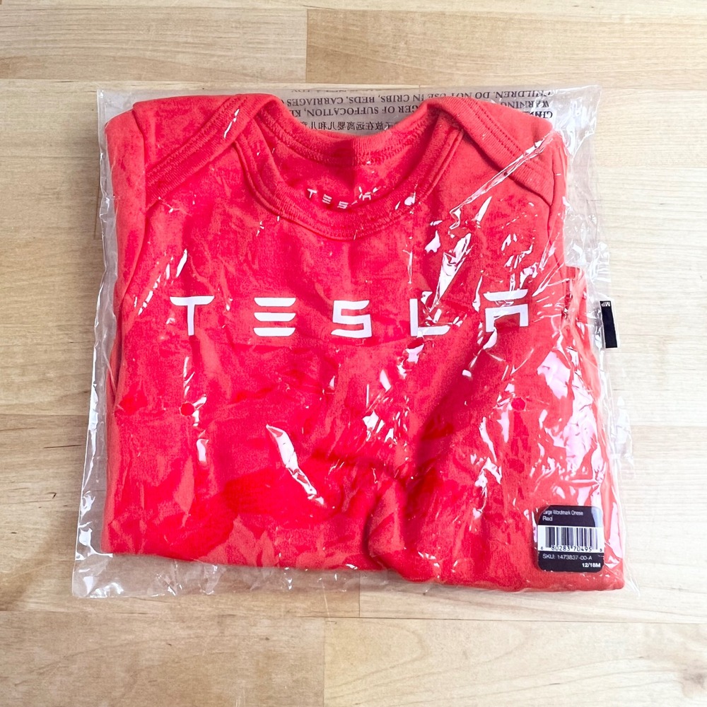 Tesla Bodysuit Baby Size 12-18 Month Red Almost Zero Emissions NEW